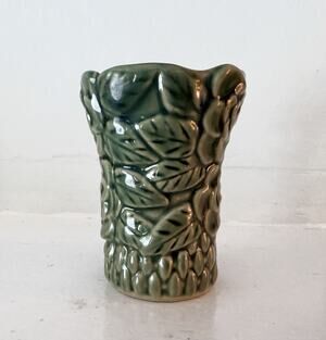 Vintage Green Floral Relief Pottery Vase Small Rose Leaves Cottage Ceramic Tiki